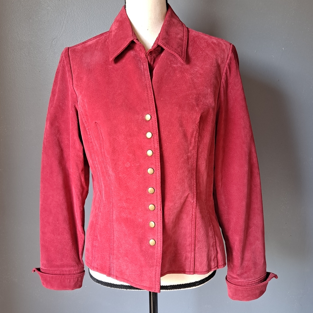Coldwater Creek Dark Red Snap on Brass buttons Leather Jacket Size Mediu…